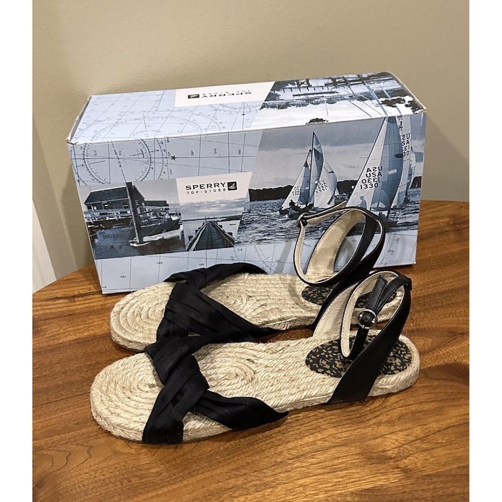 Sperry Topsider‎ MARIGOT Black Flat Sandals Espadrilles Ankle Strap sz 9M, NIB